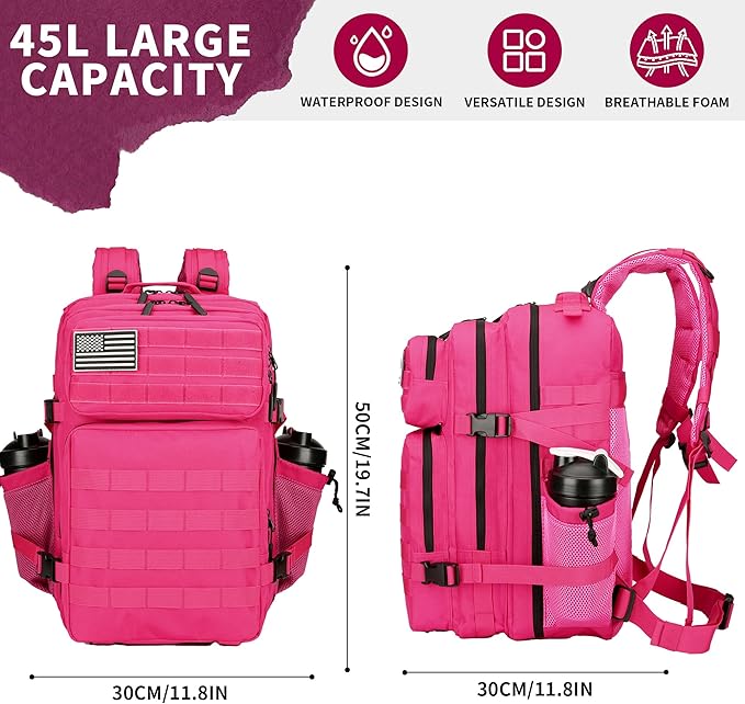45L Military Tactical Backpacks 3 Days Assault Pack Bag Fitness Rucksack 3 Day Bug Out Bag Hiking Treeking Molle Daypack (RoseRed&ampBlack)