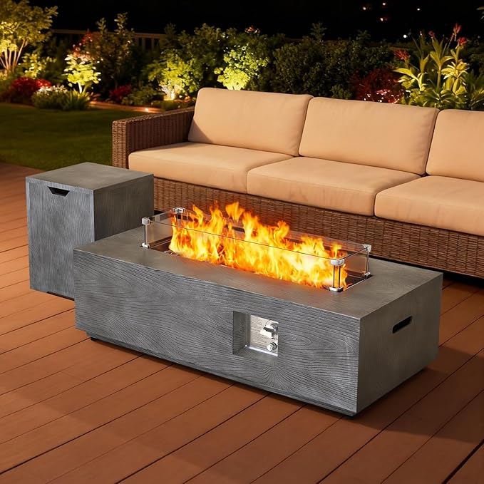 2-Piece 42 Rectangular Propane Fire Pit for Outside Patio with Hidden Tank Table 50000 BTU Fireplaces with Glass Wind Guard Lid Glass Rocks Cover(Grey Wood Grain)