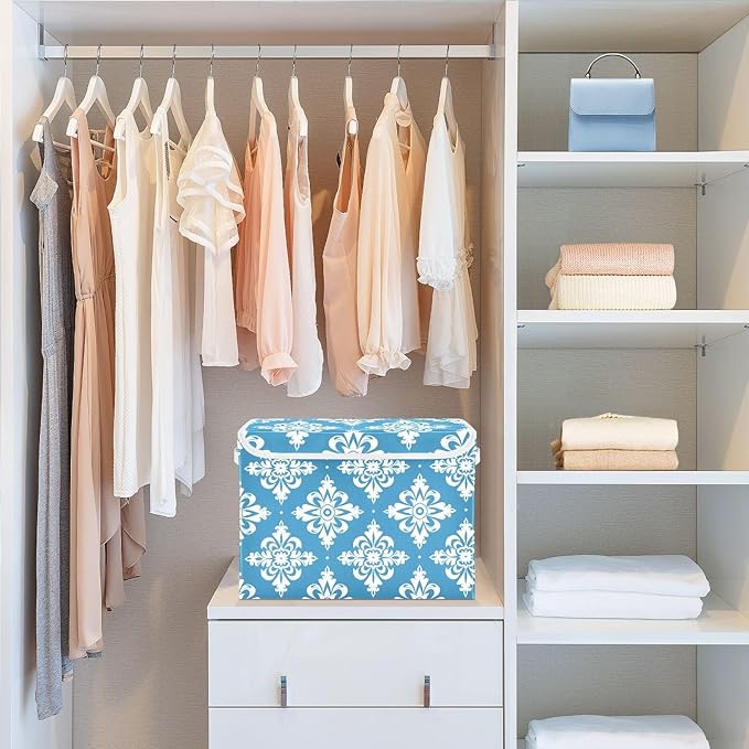 MNSRUU Containers Baskets with Lids Blue and White Floral Ornament Pattern Fabric Foldable Storage Bins Organizer with Lid Collapsible Storage Boxes for Home Bedroom Closet Office