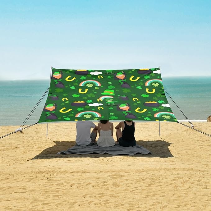 Beach Canopy with Windproof Ropes &amp Sandbags Beach Tent Sun Shade Sun Shelter for Camping Trips Fishing Backyard Fun or Picnics St. Patrick's Day