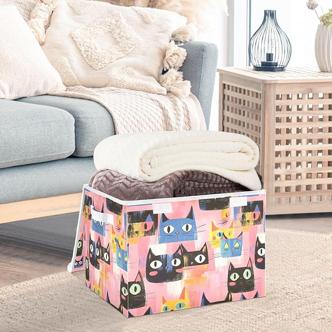 Storage Cube with Lid Abstract Cat Face Print 16.5×12.6×11.8 IN Collapsible Large Capacity Foldable Storage Basket Bin Organizer