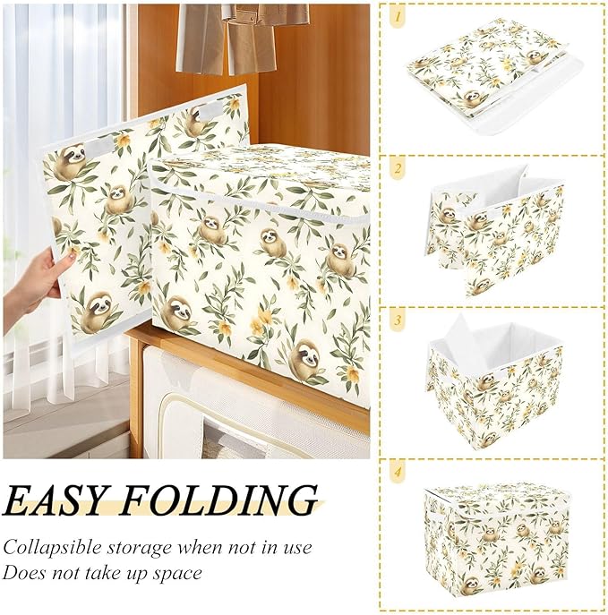 Sloth Floral Storage Cube Bins Basket with Lid Collapsible Flip-top Fabric with Handle for Home Bedroom Closet Office 16.5×12.6×11.8 in