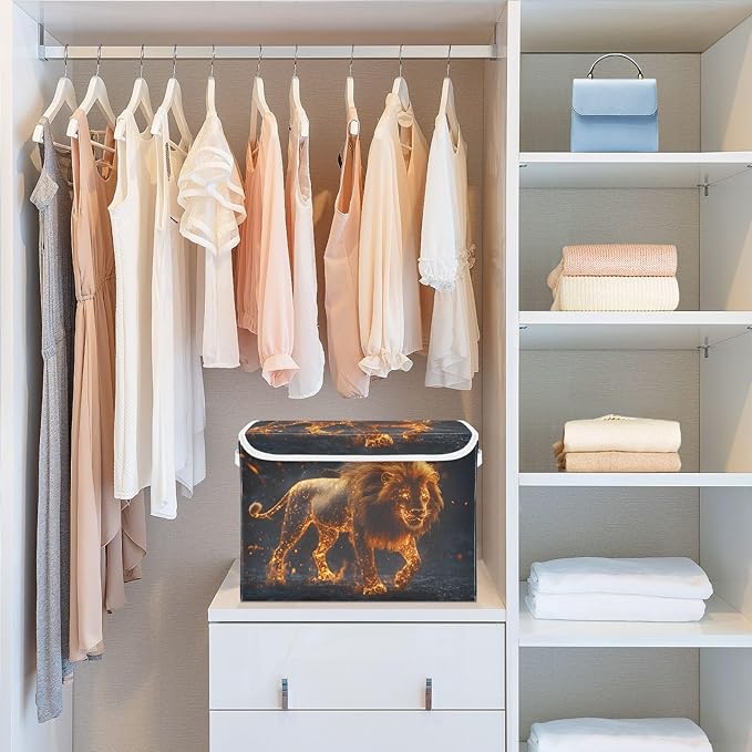 AIXIWAWA Lidded Storage Cube (Lion with Flame) Fabric Foldable Closet Bins with Flip Lid and Handles Organizer Basket Container 16.5 x 12.6 x 11.8 IN