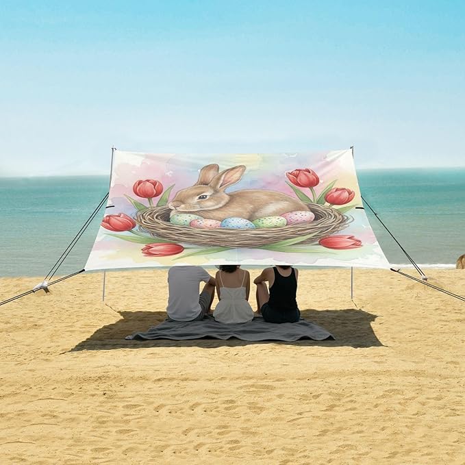 Beach Canopy with Windproof Ropes &amp Sandbags Beach Tent Sun Shade Sun Shelter for Camping Trips Fishing Backyard Fun or Picnics Easter Bunny