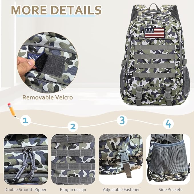 Camo Backpack for Boys 3 in 1 Set 19 Inch 55L Tactical Bookbag with Lunch Box Pencil Case Molle System School Backpack for Elementary Middle High School Outdoor Camping Hiking Travel for Kids Teens