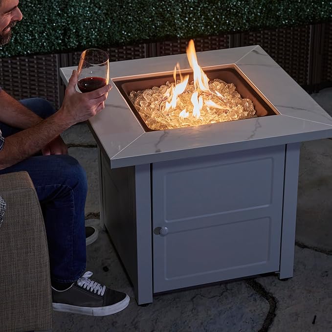 Endless Summer 30 Inch Square Outdoor Gas Fire Pit Table with Marble Mantel Slate Finish White Fire Glass and Protective Cover