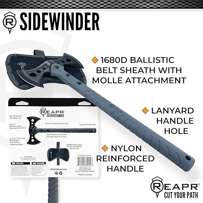 Reapr Sidewinder Tactical Double Axe16 Dual-Headed Survival Hatchet with 2Cr13 Stainless Steel Cast Head Black Oxide Finish Ballistic Sheath Camping Hunting Outdoor (Sidewinder)