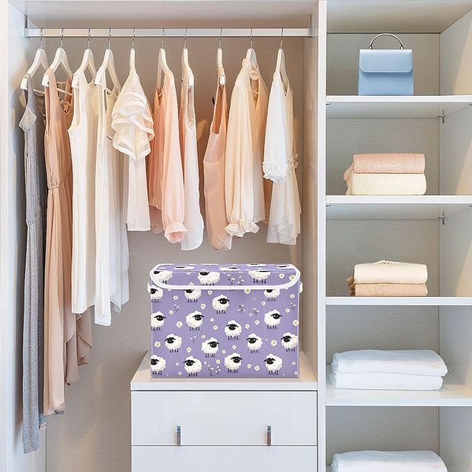 Lavender Sheep and Daisy Collapsible Storage Bins with Lids Decorative Fabric Cubes Closet Organizer Basket Boxes Containers for Clothes Box Chest Folding Rectangle