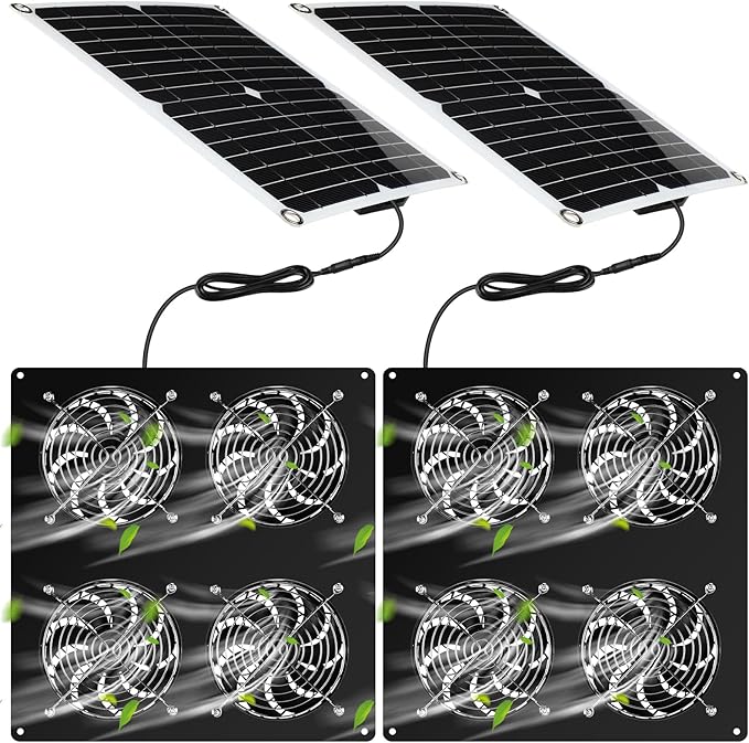 Rossesay 2 Set Solar Panel Fan Kit with 4 Fans 12w USB Weatherproof Solar Exhaust Fan Outdoor Solar Greenhouse Fan Portable Chicken Coop Fan Metal Shell for Sheds Attic Pet Houses Window Exhaust