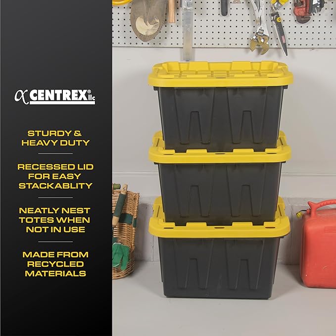 CX BLACK &amp YELLOW 12-Gallon Heavy Duty Storage Bins with Lids Stackable Plastic Storage Bins with Weather-Resistant Design Home Organization 6 Pack (12.51H x 16.3W x 21.8D)
