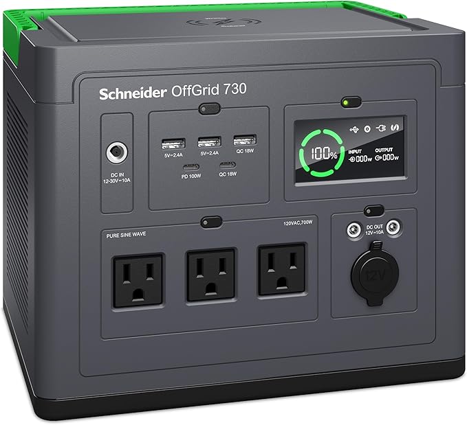 Schneider OffGrid 738Wh Portable Power Station PPS730 Portable Solar Generator with Wireless Charging Pad for Camping or Home