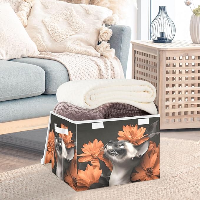 AIXIWAWA Lidded Storage Cube (Floral Cats) Fabric Foldable Closet Bins with Flip Lid and Handles Organizer Basket Container 16.5 x 12.6 x 11.8 IN