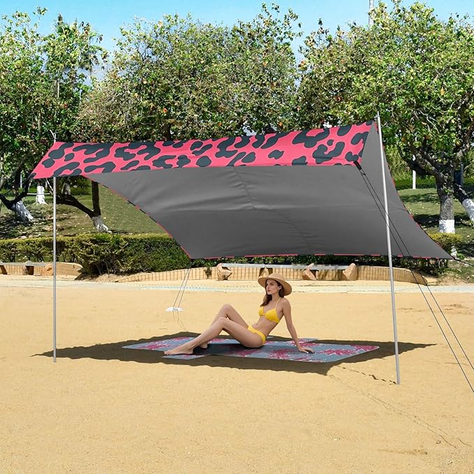 ALAZA Pink Leopard Print Cheetah Beach Tent Sun Shelter UPF50+ Protection Beach Shade Canopy w/ 4 Sandbags for Outdoor Camping Fishing Backyard Fun Picnic 10x9 ft