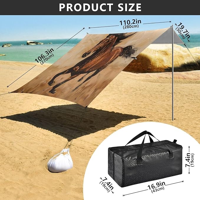 ALAZA Running Horse Beach Tent Sun Shelter UPF50+ Protection Beach Shade Canopy w/ 4 Sandbags for Outdoor Camping Fishing Backyard Fun Picnic 10x9 ft