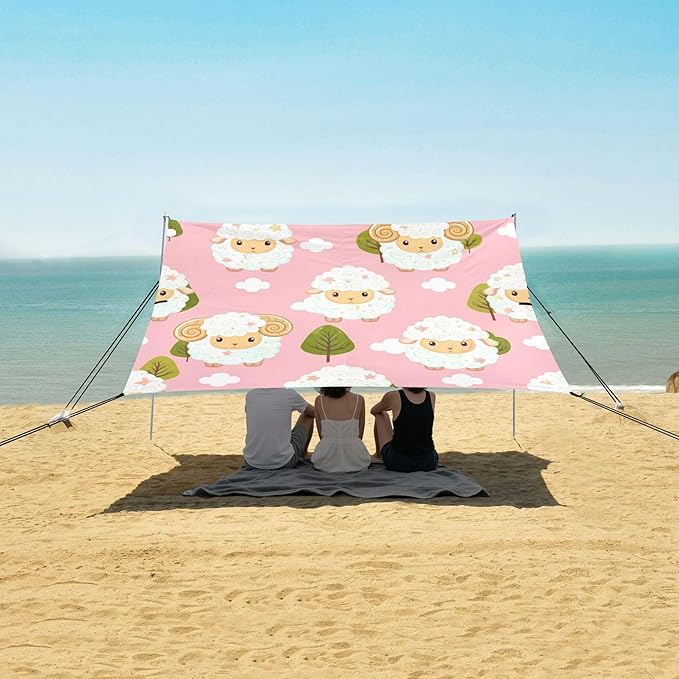 Sheep Beach Canopy Sun Shelter with Sandbags &amp Sand Shovel &amp Windproof Ropes - Portable 110x126 Beach Shade Beach Tent for Camping Picnics