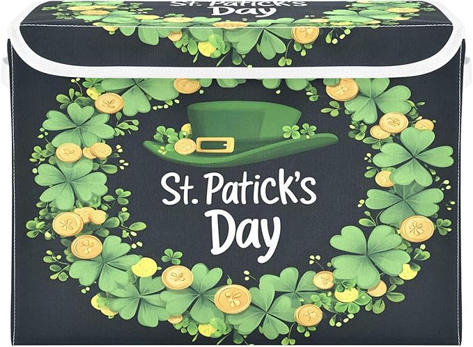 Doodle St. Patrick's Day Pattern Foldable Storage Baskets Fabric Boxes with Handle Organizers with Flip-Top Lids Storage Bins for Home Bedroom Office