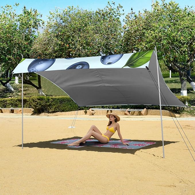 xigua Blueberry Beach Tent Sun Shelter with Carrying Bag - Silver Coated Oxford Fabric Beach Canopy for Beach Camping Fishing - Includes Windproof Ropes Sandbags &amp Stakes