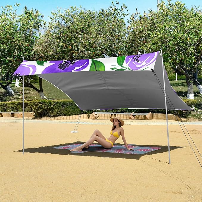 Beach Canopy with Windproof Ropes &amp Sandbags Beach Tent Sun Shade Sun Shelter for Camping Trips Fishing Backyard Fun or Picnics Purple Flowers