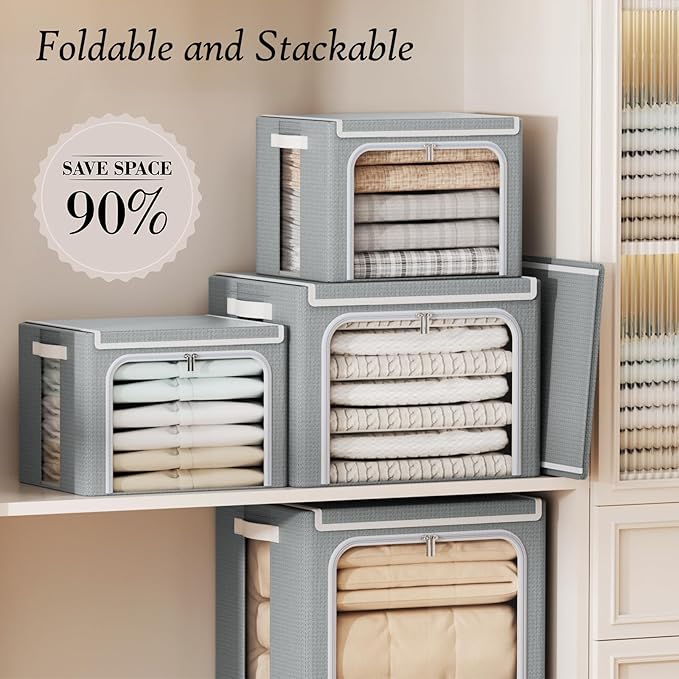 Yecaye Clothes Storage Bins with Metal Frame 40L Foldable Clothing Storage Bins with Lid Stackable Zippered Clothes Storage Bags Oxford Fabric Organizer Box With Clear Window＆ PU Leather Handles