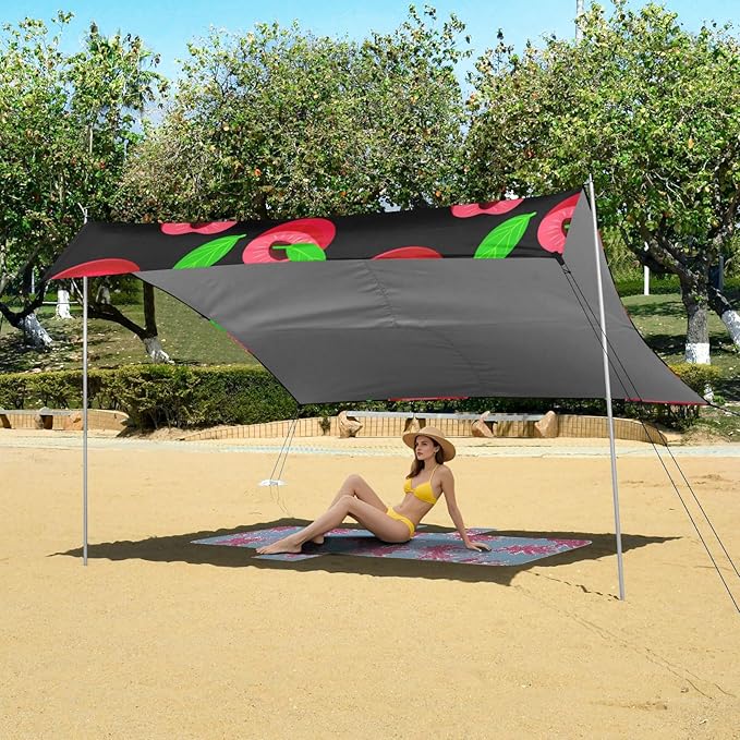 Beach Canopy with Windproof Ropes &amp Sandbags Beach Tent Sun Shade Sun Shelter for Camping Trips Fishing Backyard Fun or Picnics Red Cherries