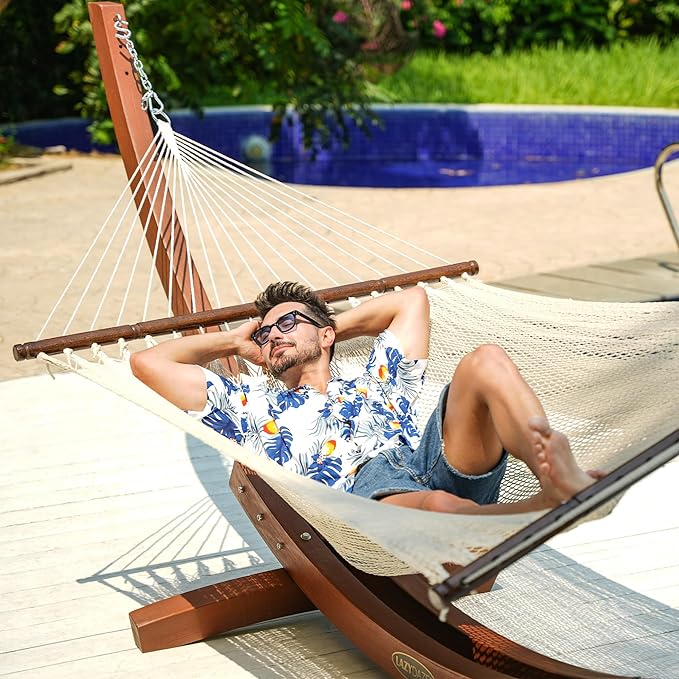 Lazy Daze Hammocks 10.5 FT Double 2 Person Caribbean Rope Hammock Hand Woven Polyester Hammock with Spreader Bars for Outside Outdoor Backyard Patio Poolside 450 LBS Capacity Cream