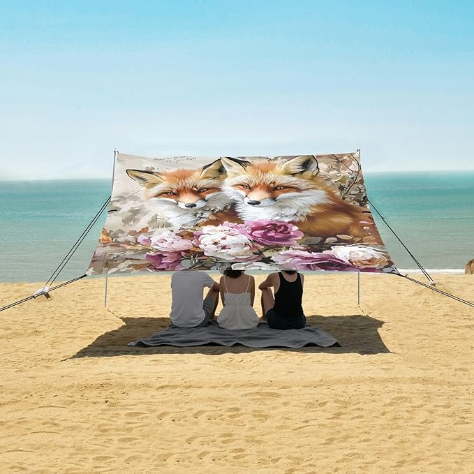 ALAZA Watercolor Retro Fox Beach Tent Sun Shelter Portable Canopy Sunshade for Outdoor Camping Picnics Backyard Fun 10x9 ft