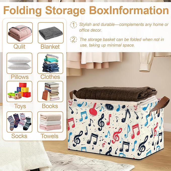 32L Large Storage Bins with Handles Basket Organizer for Shelves Closet Books Laundry &amp Home Decor (Musical Note)