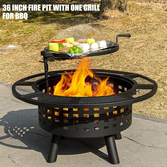 36 inch Outdoor Fire Pit with GrillWood Burning Fire Pits for Outside with Lid &amp Fire PokerMetal 3-in-1 Firepit Table with Cooking GrateOutdoor Firepit for YardBonfirePatio(Charcoal)