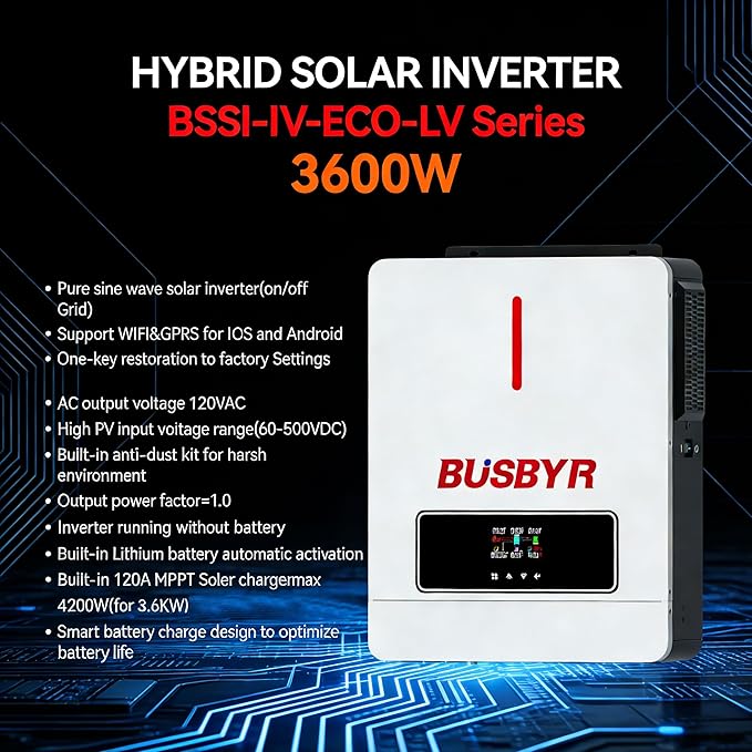 3600W Hybrid Solar Inverter All-in-One 24V to 110V/120V Pure Sine Wave with 120A MPPT Controller 98% Efficiency Off-Grid Home RV Backup by Busbyr