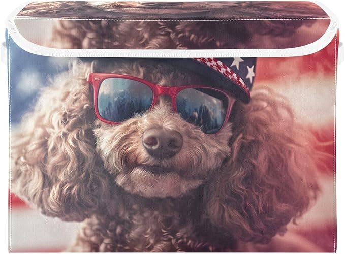 Storage Cube with Lid American Dog Print 16.5×12.6×11.8 IN Collapsible Large Capacity Foldable Storage Basket Bin Organizer
