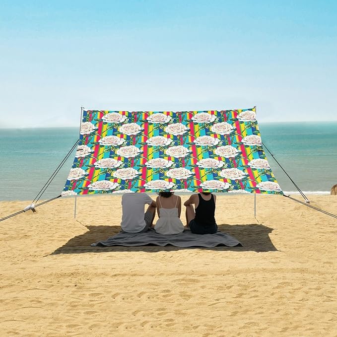 ALAZA Rose Flower Rainbow Stripes Beach Tent Sun Shelter UPF50+ Protection Beach Shade Canopy w/ 4 Sandbags for Outdoor Camping Fishing Backyard Fun Picnic 10x9 ft