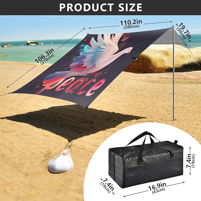 ALAZA Gradient Peace Dove Beach Tent Sun Shelter UPF50+ Protection Beach Shade Canopy w/ 4 Sandbags for Outdoor Camping Fishing Backyard Fun Picnic 10x9 ft