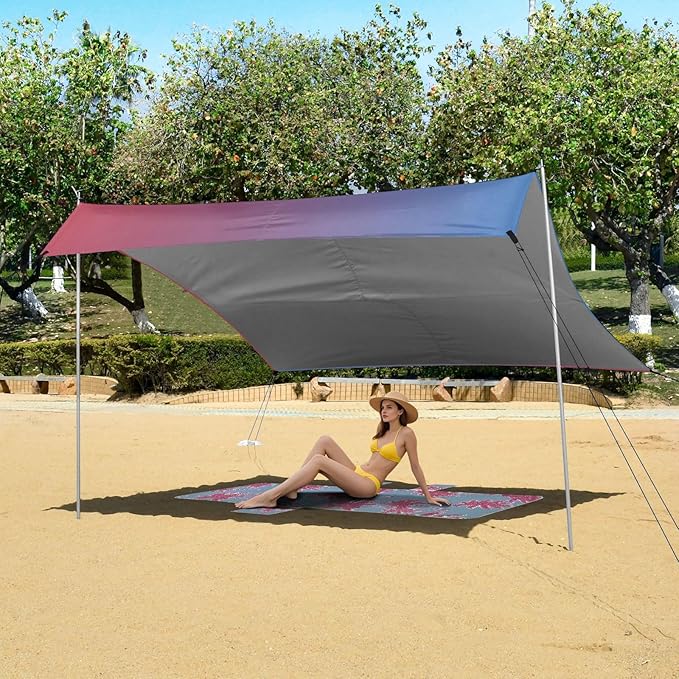 Blue Red Gradient Beach Cabana Tent UPF50+ Protection Lightweight Large Portable Sun Shelter with Sandbags &amp Sand Shovel for Family Trips Picnics &amp Camping