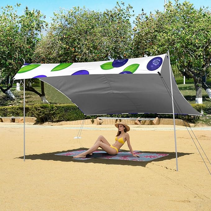 Beach Canopy with Windproof Ropes &amp Sandbags Beach Tent Sun Shade Sun Shelter for Camping Trips Fishing Backyard Fun or Picnics Blueberries