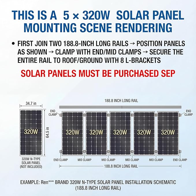 Solar Panel Mounting Rail Kit for 5 x 320W Panels Includes 8 x 47.2 Aluminum Rails Adjustable Clamps L-Brackets &amp Grounding Lugs Universal Racking for Metal Tile Shingle Roof