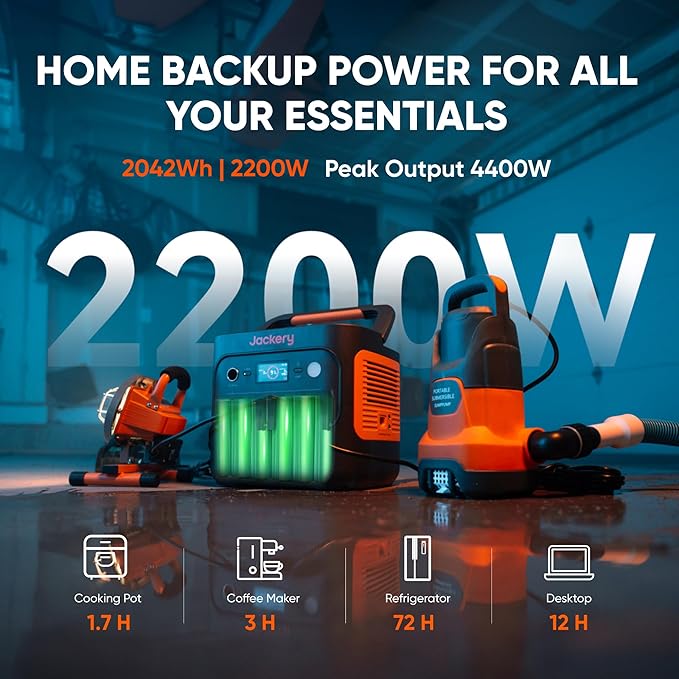 Jackery Explorer 2000 v2 Portable Power Station with Car Charging Cable 2042Wh LiFePO4 Battery 2200W Solar Generator USB-C PD 100W Fast Charging for Camping Home Use(Solar Panel Optional)