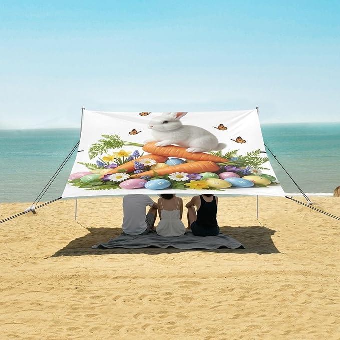Beach Canopy with Windproof Ropes &amp Sandbags Beach Tent Sun Shade Sun Shelter for Camping Trips Fishing Backyard Fun or Picnics Easter Bunny