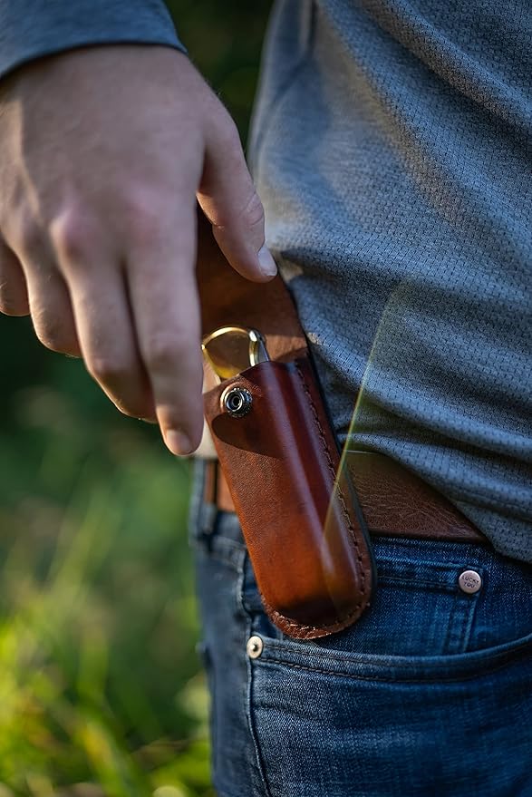 Uncle Henry LB7 Bear Paw Traditional Lockback Pocket Knife with 3.7in Clip Point High Carbon S.S. Blade Wood Handle Brass Bolsters and Leather Belt Sheath for EDC Hunting Camping and Outdoors
