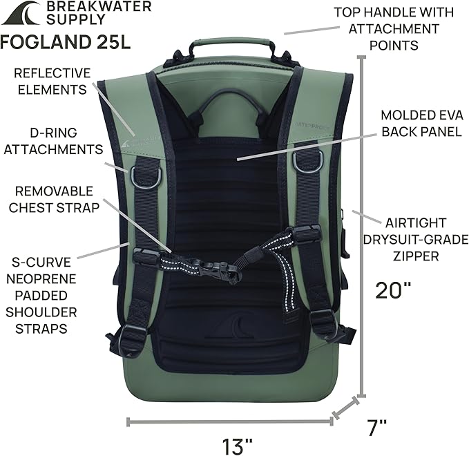 Breakwater Supply™ Fogland Waterproof IP68 Submersible Backpack | Laptop Sleeve &amp Airtight Zippers for Outdoors Hunting Fishing Waterfowl Floating Dry Bag Unisex TPU (Marsh Green 25L)