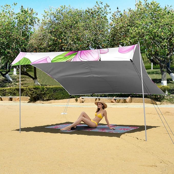 Beach Canopy with Windproof Ropes &amp Sandbags Beach Tent Sun Shade Sun Shelter for Camping Trips Fishing Backyard Fun or Picnics Magnolia Flowers