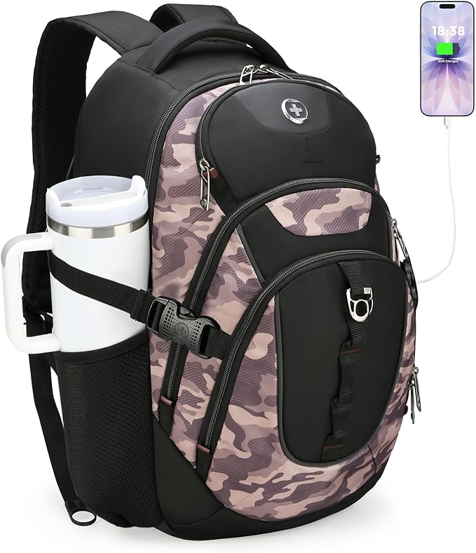 Swissdigital Design Laptop Backpack with USB Charging Port Travel Backpack Fits 15.6 inches Computer 31L College School Backpack for Men Khaki Camo | SD803-94