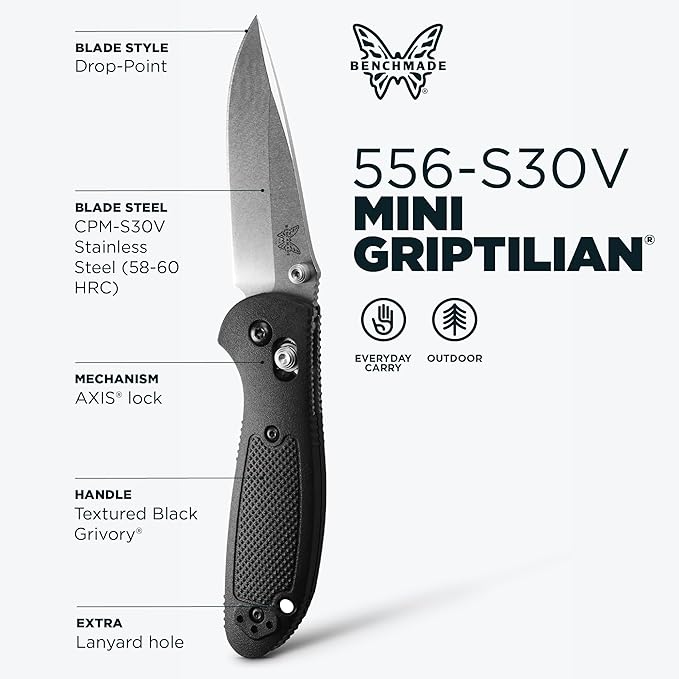 Benchmade Mini Griptilian Knife Drop-Point Blade Made EDC Manual Finish 556 Handle