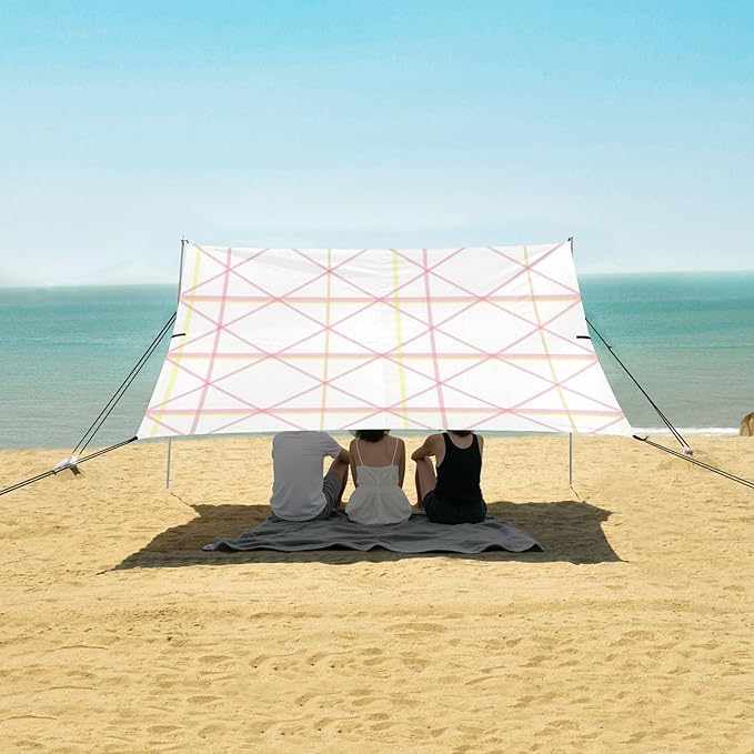 xigua Plaid Beach Tent Sun Shelter with Carrying Bag - Silver Coated Oxford Fabric Beach Canopy for Beach Camping Fishing - Includes Windproof Ropes Sandbags &amp Stakes