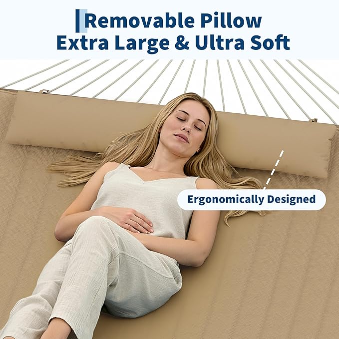 2 Person 12FT Hammocks for Outside Double Quilted Fabric Outdoor Hammock with Spreader Bar Large Removable Pillow Storage Pockets Carabiners Max 450 Lbs Capacity