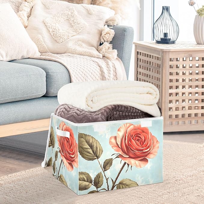 AIXIWAWA Lidded Storage Cube (Vintage Flower) Fabric Foldable Closet Bins with Flip Lid and Handles Organizer Basket Container 16.5 x 12.6 x 11.8 IN