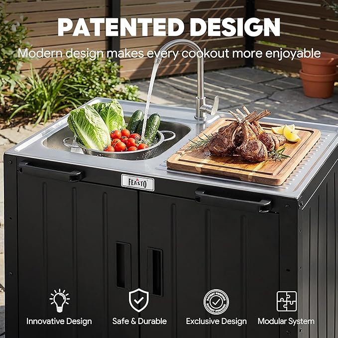 Feasto Outdoor Kitchen Island with Stainless Steel Sink and Storage Cabinet 35-Inch BBQ Prep Station with Faucet &amp Lockable Wheels for Patio Backyard and Outdoor Cooking Black &amp Silver