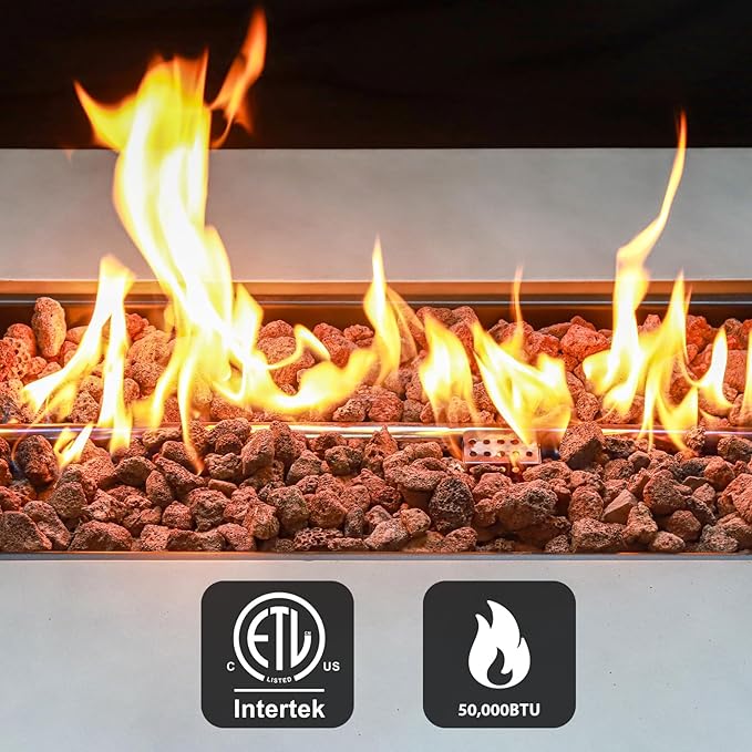 2-Piece Outdoor Propane Fire Pit Table Set w/Tank Cover Table 42inch 50000 BTU Rectangle Concrete Firepit SUS201 Burner with Steel Lid Lava Rocks Rain Cover