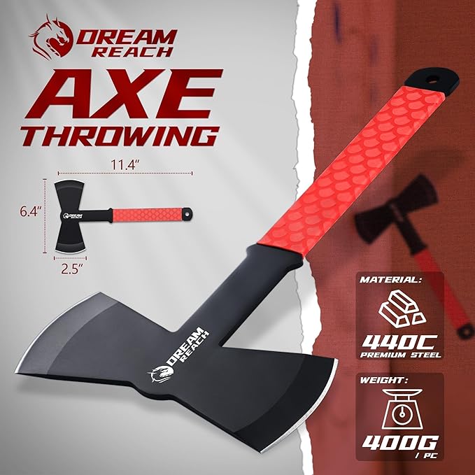 Dream Reach 6-Pack Throwing Game Set Including Safe Full Tang 3 PCS Throwing Axes and 3 PCS Throwing Knives with TPR Rubber Sleeve and Protective Sheaths for Recreation and Competition