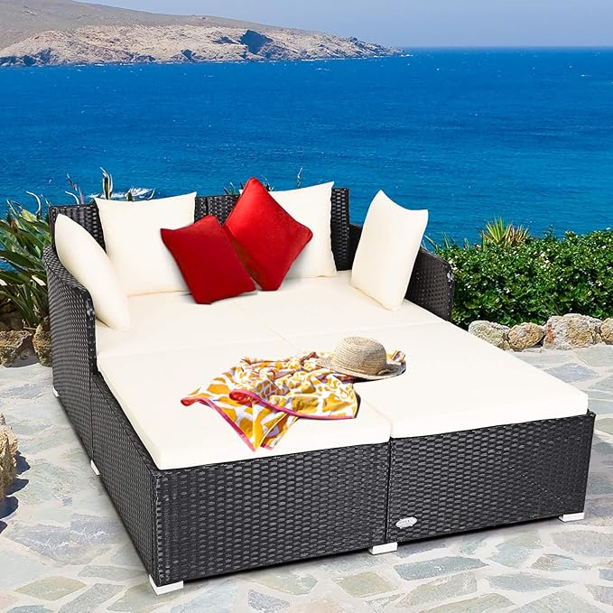 Tangkula Outdoor Rattan Daybed Wicker Furniture with Spacious Seat Upholstered Cushion &amp High-Resilience Sponge Patio Sofa Set with 4 Pillows 2-Person Sunbed for Poolside Backyard Garden &amp