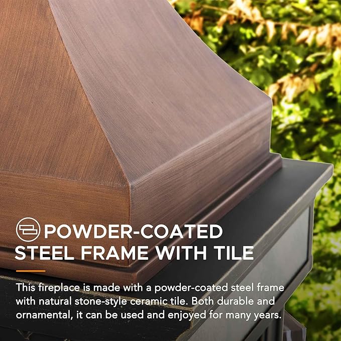Sunjoy Outdoor Fireplace Stone Look Tile Patio Wood Burning Steel Fireplace with Chimney Spark Screen Fire Poker Rain Cover and Removable Grate Copper with Gray Tile